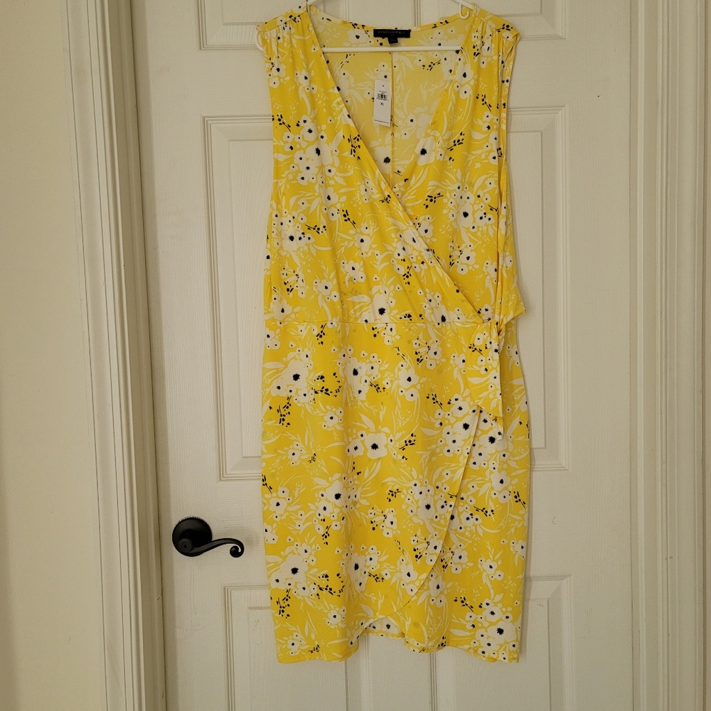 NWT Banana Republic Sleeveless Floral Yellow Faux Wrap Dress Size XL